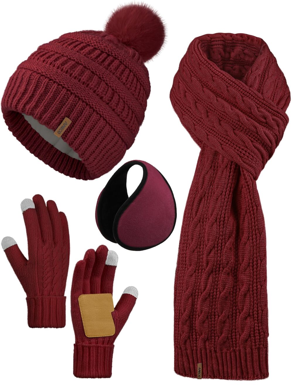 5433 4-in-1 Winter Beanie Hat Scarf Touchscreen Gloves Ear Warmer Set